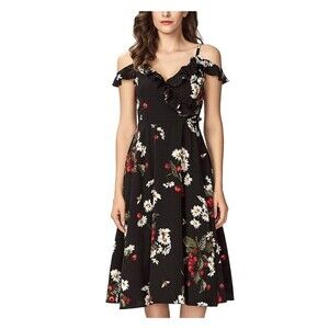 Noctflos Floral Cold Shoulder Midi Dress Black Cherry Red Bee Lined Size Medium